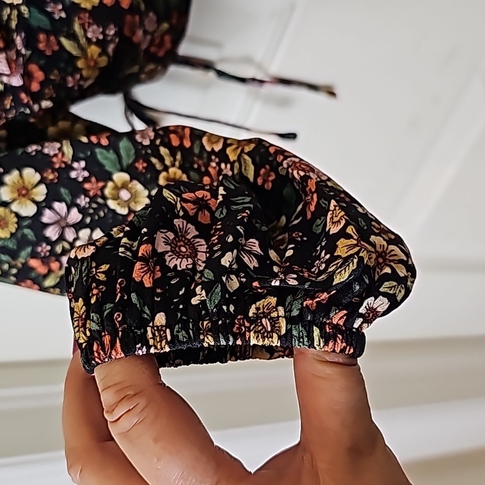 Elodie Floral Black Yellow Pink Elasticized Off Shoulder Rucshed Side Tie Top S - Picture 8 of 13